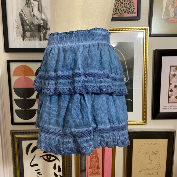 Katie J NYC Junior’s Size Medium Layered Ruffle Mini Skirt Blue Elastic Waist - Picture 3 of 6